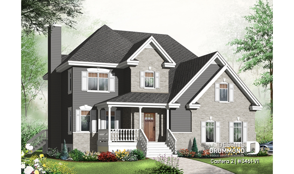 Vue avant - MODÈLE DE BASE - Modèle de maison avec 4 chambres sur même plancher, salon &amp; salle familiale, bureau à domicile, garage double - Castera 2