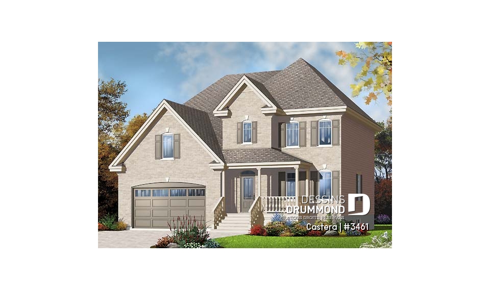 Vue avant - MODÈLE DE BASE - Modèle de maison 4-5 chambres, garage double, garde-manger, salle de jeux, bureau à domicile - Castera