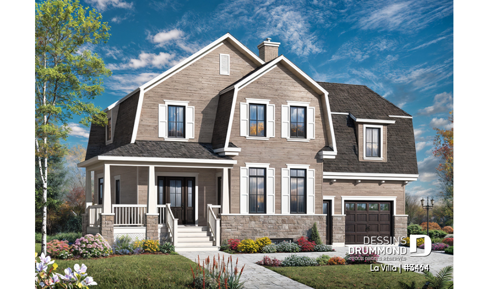 Vue avant - MODÈLE DE BASE - Plan de maison de style Grange moderne, 5 chambres à l'étage, 2.5 s. de bain, garage, vestibule, garde-manger - La Villa