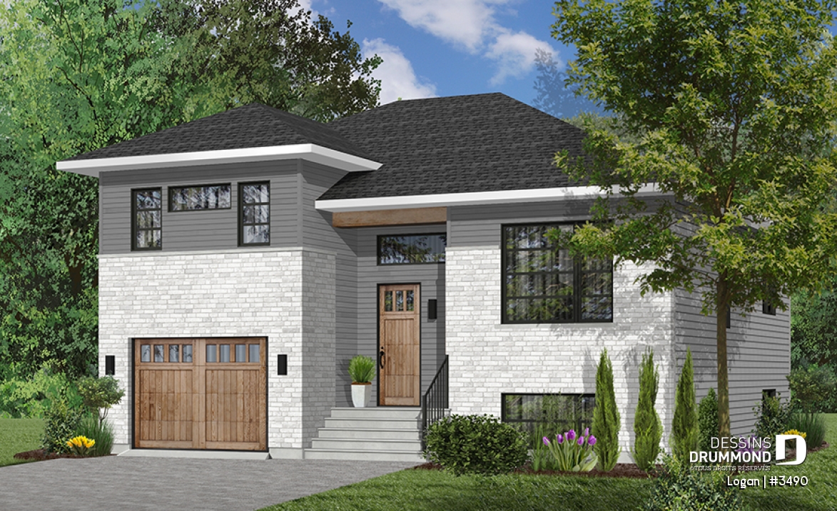 Version couleur no. 1 - Vue avant - Plan de modèle contemporain, split-level, 3 chambres de bon format, grande cuisine avec îlot et garage - Logan