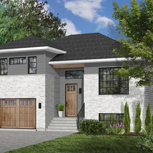 Version couleur no. 1 - Vue avant - Plan de modèle contemporain, split-level, 3 chambres de bon format, grande cuisine avec îlot et garage - Logan