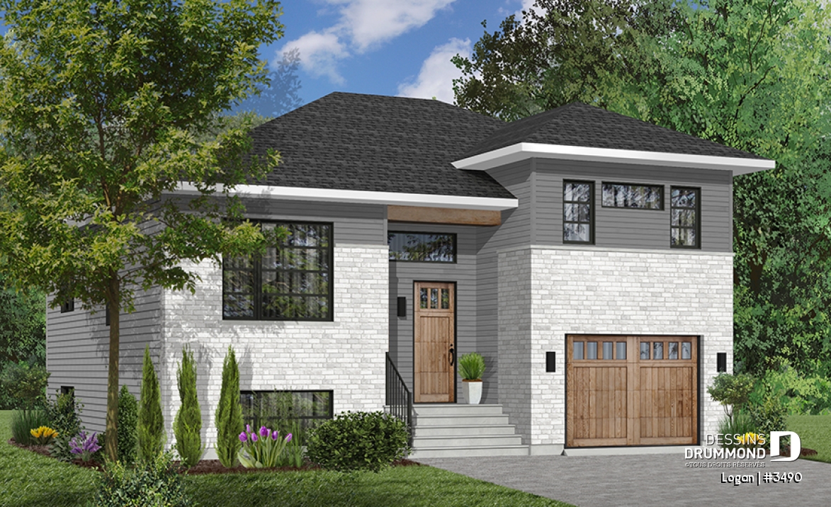 Version couleur no. 1 - Vue avant - Plan de modèle contemporain, split-level, 3 chambres de bon format, grande cuisine avec îlot et garage - Logan