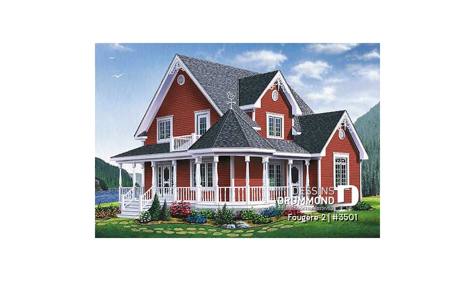 Vue avant - MODÈLE DE BASE - Plan de maison champêtre, 3 chambres, cuisine à la façon campagne, balcon à l'étage - Fougère 2