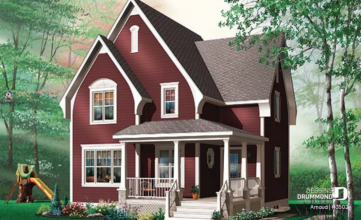 Vue avant - MODÈLE DE BASE - Plan de maison Tudor abordable, 2 chambres, aire ouverte, salle de lavage au premier, walk-in - Arnaud