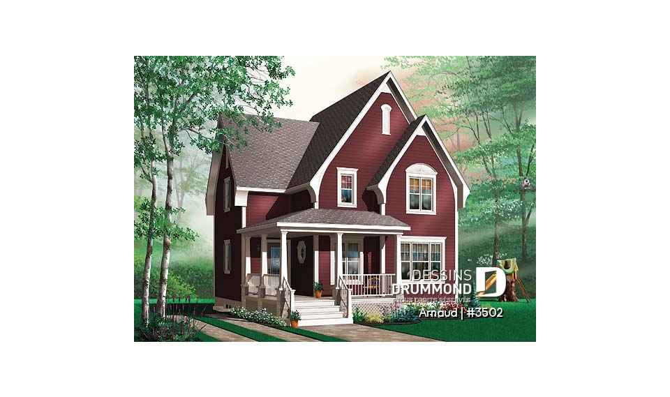 Vue avant - MODÈLE DE BASE - Plan de maison Tudor abordable, 2 chambres, aire ouverte, salle de lavage au premier, walk-in - Arnaud