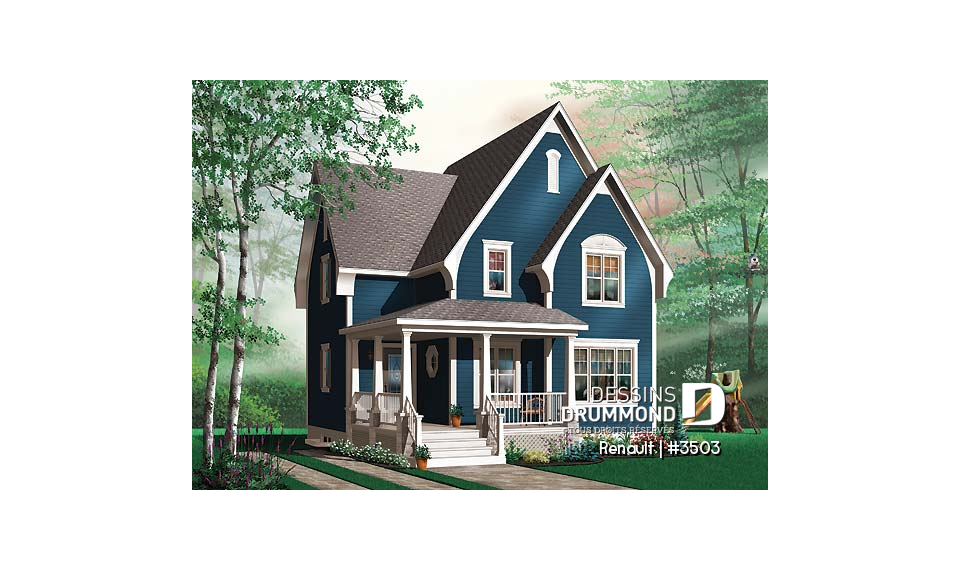 Version couleur no. 1 - Vue avant - Modèle de maison Tudor, 3 chambres, économique, plancher aire ouverte, 1.5 salles de bain - Renault