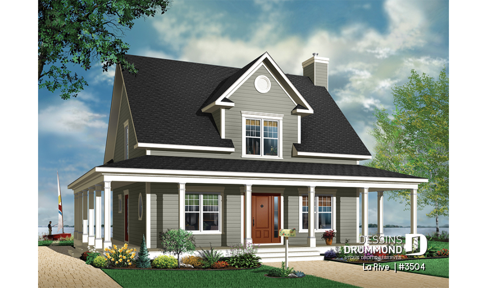 Version couleur no. 1 - Vue avant -  Plan de maison champêtre, bord de lac, 3 chambres, coin bureau, foyer double face - La Rive 