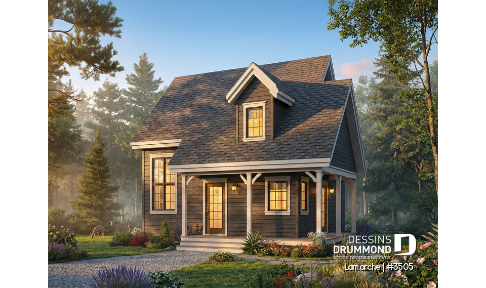 Vue avant - MODÈLE DE BASE - Plan de petite maison de campagne avec galerie sur 2 côtés, 2 chambres, fenestration abondante et foyer - Lamarche