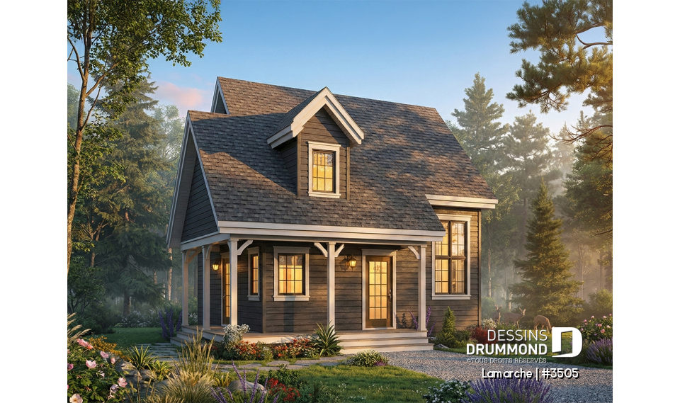 Vue avant - MODÈLE DE BASE - Plan de petite maison de campagne avec galerie sur 2 côtés, 2 chambres, fenestration abondante et foyer - Lamarche