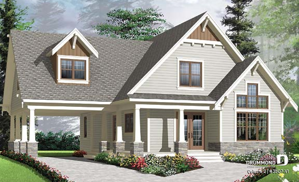 Vue avant - MODÈLE DE BASE - Chalet ou maison champêtre, 2 à 4 chambres, carport, mezzanine, cathédral, espace boni à aménager - Celeste 2