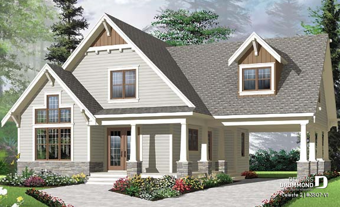 Vue avant - MODÈLE DE BASE - Chalet ou maison champêtre, 2 à 4 chambres, carport, mezzanine, cathédral, espace boni à aménager - Celeste 2