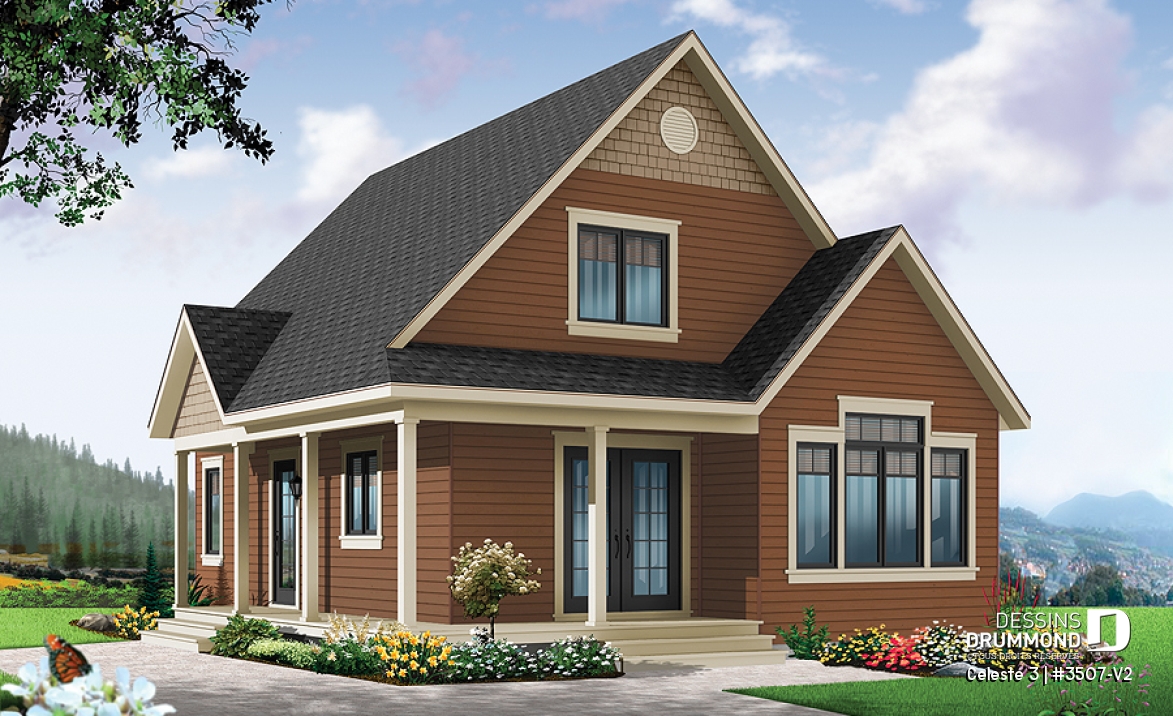 Vue avant - MODÈLE DE BASE - Plan de maison style chalet 4-saisons, loft à aménager à l'étage pour atelier ou chambres additionnelles - Celeste 3