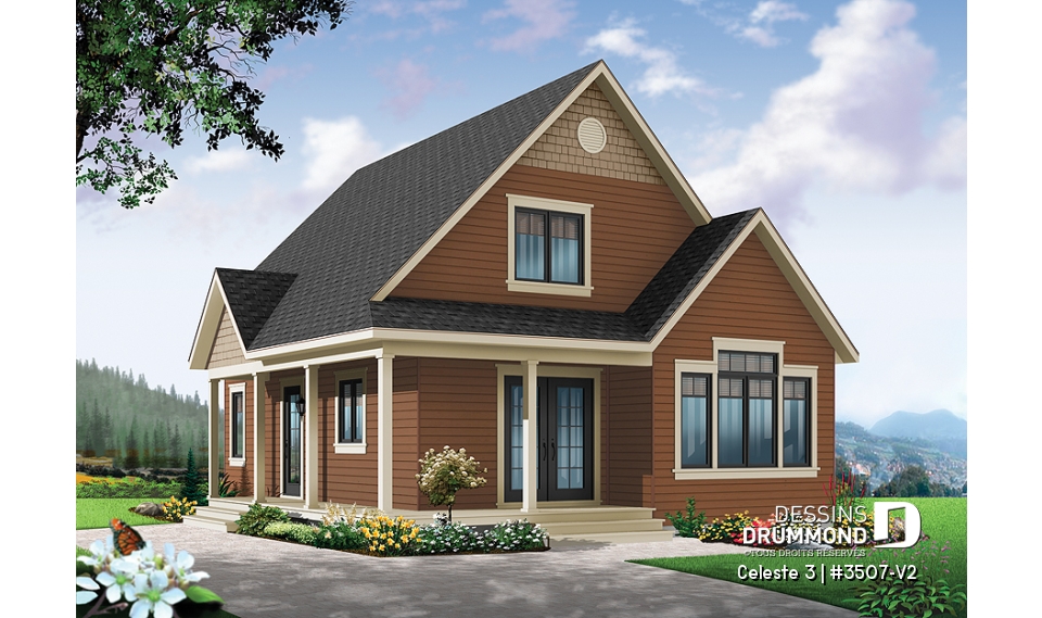 Vue avant - MODÈLE DE BASE - Plan de maison style chalet 4-saisons, loft à aménager à l'étage pour atelier ou chambres additionnelles - Celeste 3