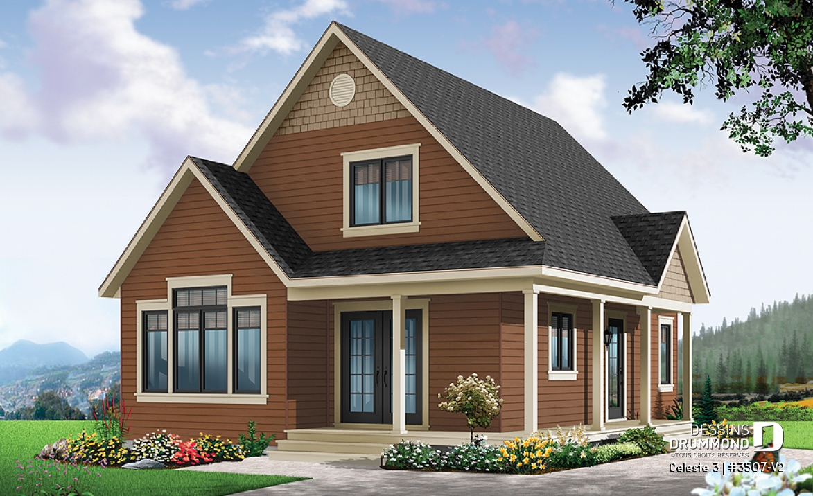 Vue avant - MODÈLE DE BASE - Plan de maison style chalet 4-saisons, loft à aménager à l'étage pour atelier ou chambres additionnelles - Celeste 3