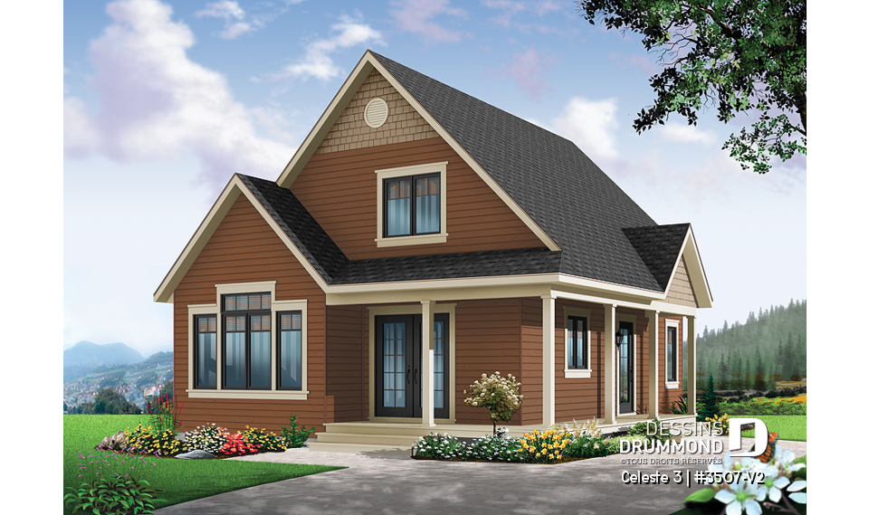 Vue avant - MODÈLE DE BASE - Plan de maison style chalet 4-saisons, loft à aménager à l'étage pour atelier ou chambres additionnelles - Celeste 3