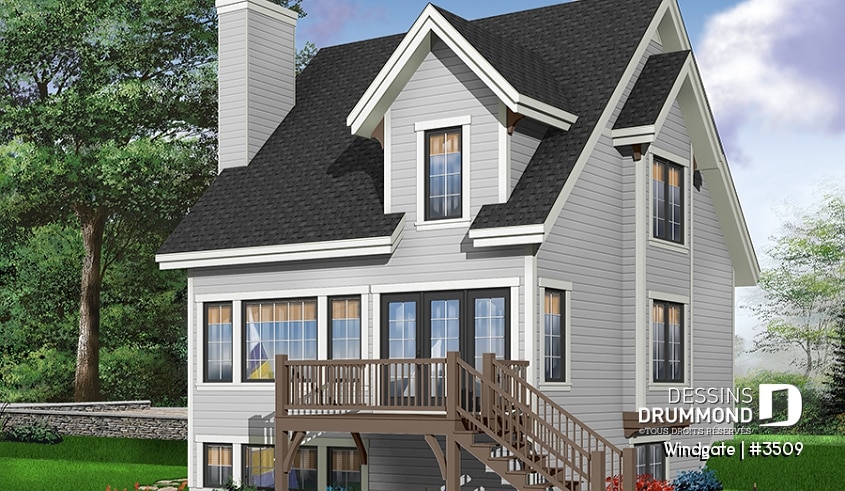 Version couleur no. 1 - Vue arrière - Plan de petite maison champêtre avec vue panoramique, 3 chambres, foyer, aire ouverte - Windgate