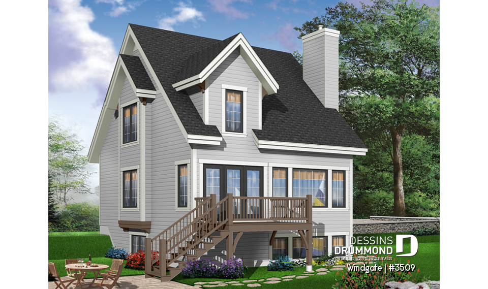 Version couleur no. 1 - Vue arrière - Plan de petite maison champêtre avec vue panoramique, 3 chambres, foyer, aire ouverte - Windgate