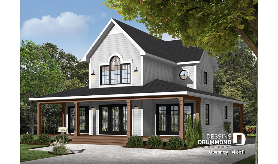 Vue avant - MODÈLE DE BASE - Maison de style transitionnel, chalet 4 saisons, 3 à 4 chambres, 2 foyers, veranda &amp; terrasse couverte - Quesnay