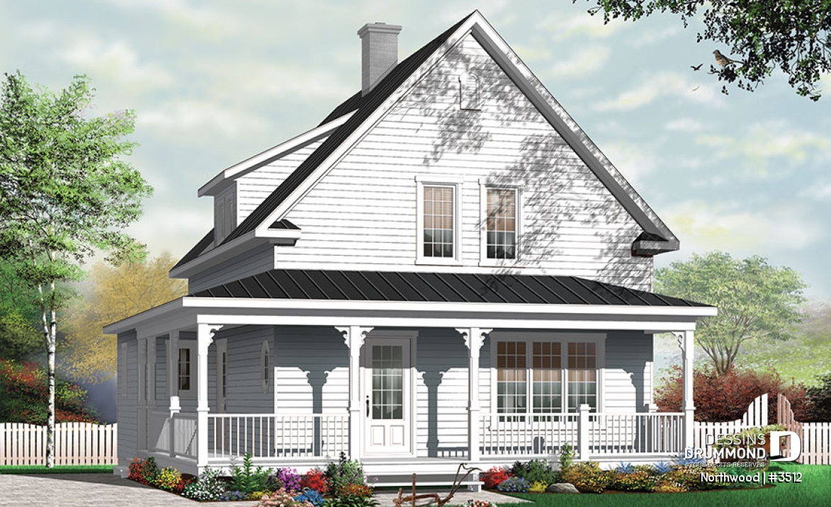 Vue avant - MODÈLE DE BASE - Plan de maison champêtre avec grande galerie couverte, 3 grandes chambres, foyer, buanderie au r-d-c - Northwood