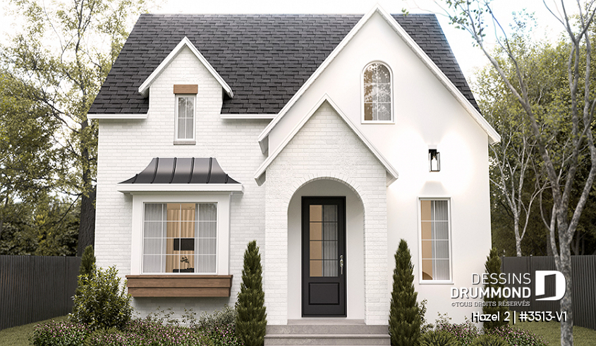 Vue avant - MODÈLE DE BASE - Plan de maison d'inspiration anglaise, proposant 3 chambres à l'étage et un s-sol finition optionnel - Hazel 2