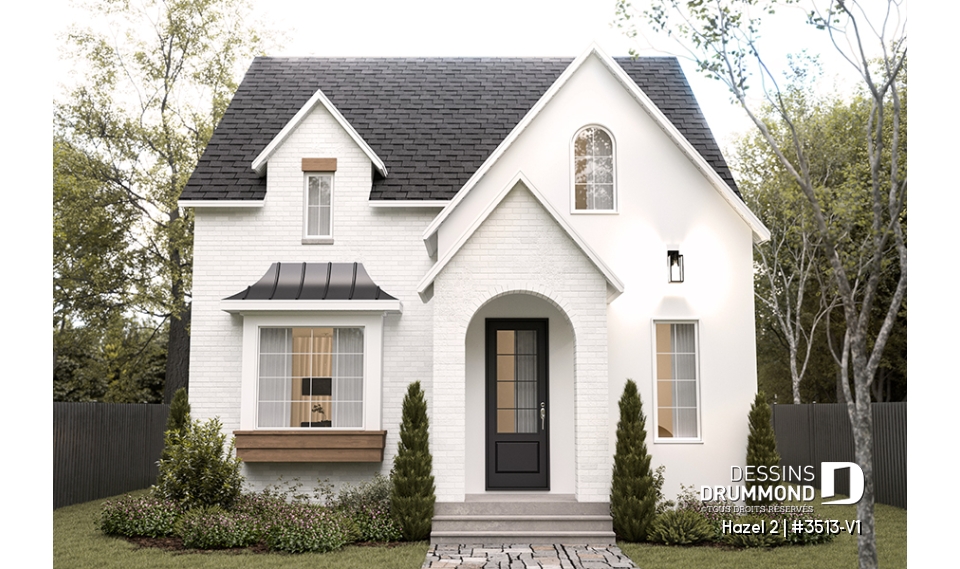 Vue avant - MODÈLE DE BASE - Plan de maison d'inspiration anglaise, proposant 3 chambres à l'étage et un s-sol finition optionnel - Hazel 2