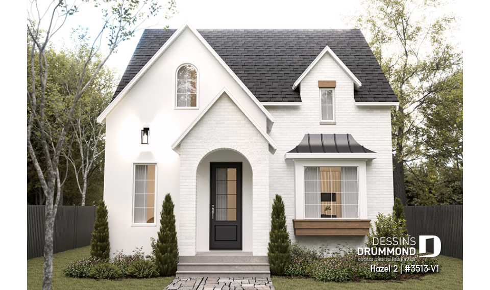 Vue avant - MODÈLE DE BASE - Plan de maison d'inspiration anglaise, proposant 3 chambres à l'étage et un s-sol finition optionnel - Hazel 2