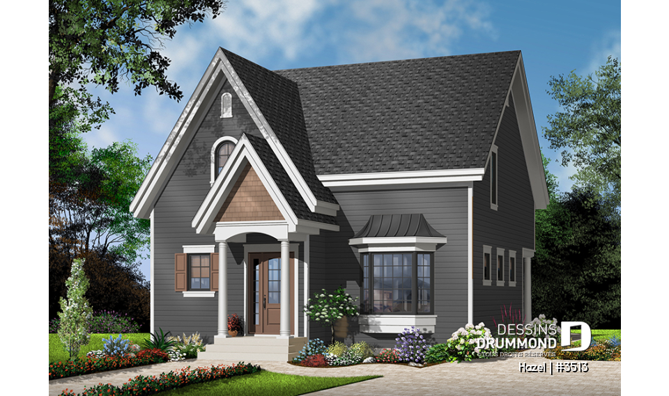 Vue avant - MODÈLE DE BASE - Maison 2 étages, style champêtre économique, d'inspiration scandinave, 3 chambres, terrasse - Hazel