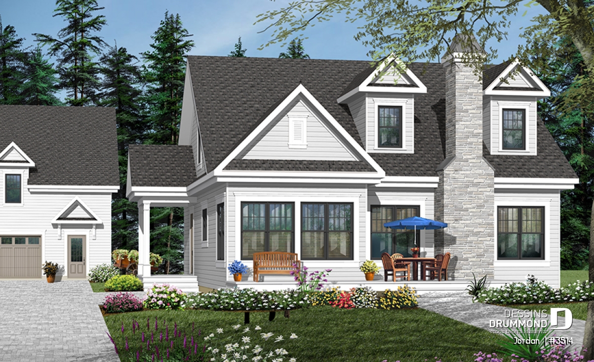 Vue avant - MODÈLE DE BASE - Plan de maison de style campagnard avec vue panoramique, 3 à 4 chambres, plafond pente, foyer  - Jordan 