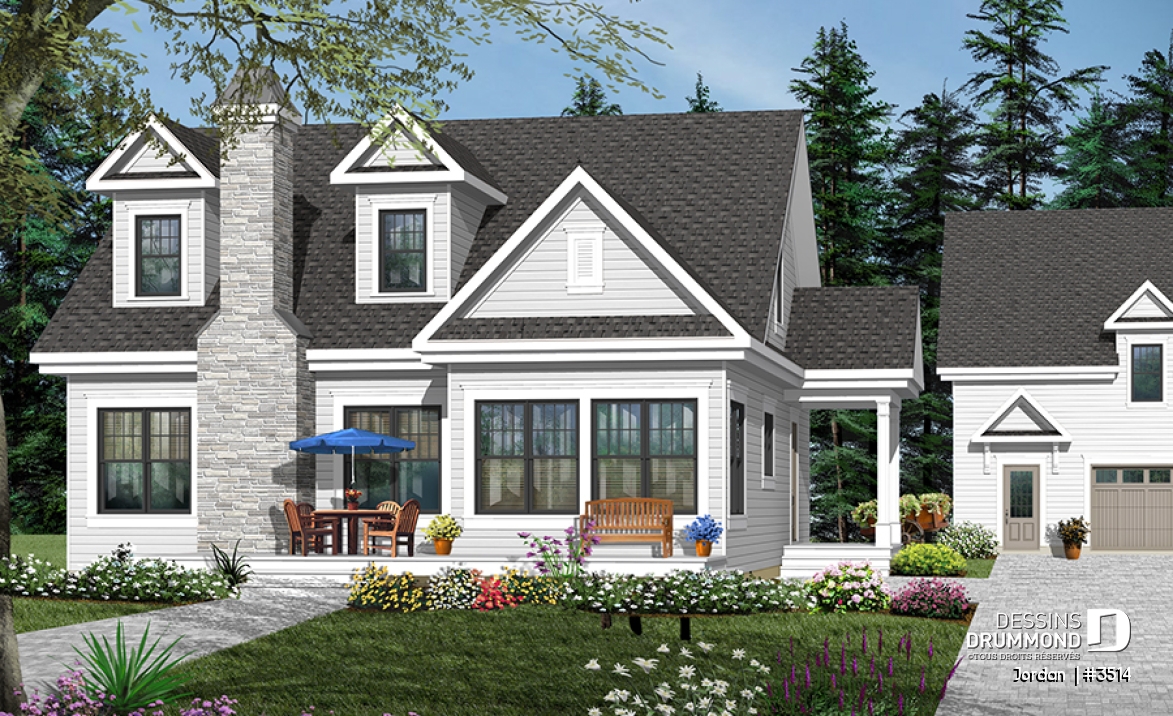 Vue avant - MODÈLE DE BASE - Plan de maison de style campagnard avec vue panoramique, 3 à 4 chambres, plafond pente, foyer  - Jordan 