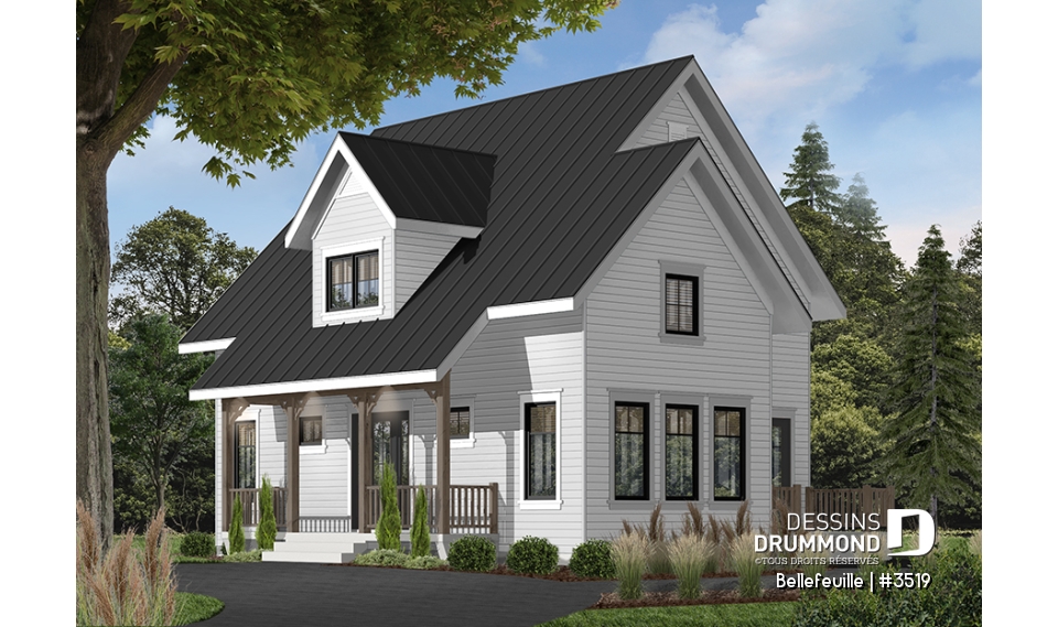 Vue avant - MODÈLE DE BASE - Plan de maison farmhouse champêtre, mezzanine, 3 chambres, coin ordinateur, belle entrée - Bellefeuille