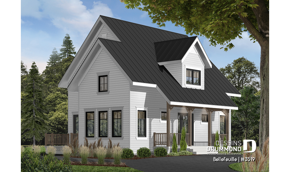 Vue avant - MODÈLE DE BASE - Plan de maison farmhouse champêtre, mezzanine, 3 chambres, coin ordinateur, belle entrée - Bellefeuille