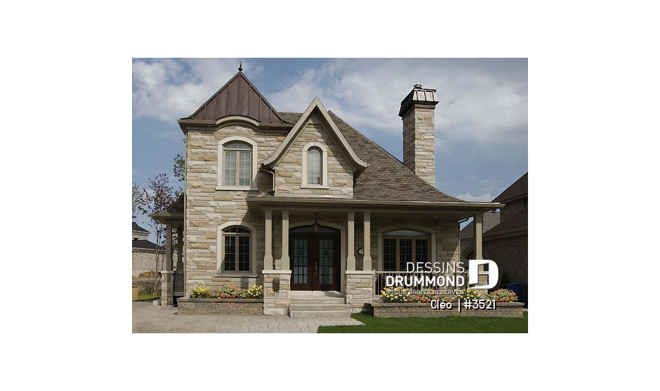 Vue avant - MODÈLE DE BASE - Plan de maison avec mezzanine, style manoir, 3 chambres, bureau à domicile - Cléo 