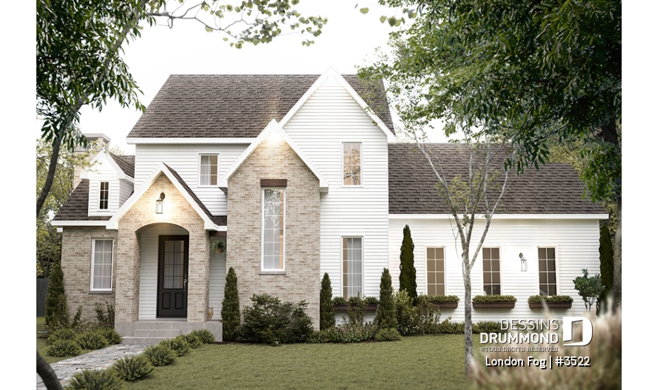 Vue avant - MODÈLE DE BASE - Maison à étage d'inspiration English Cottage, 4 chambres, espace aménageable au-dessus du garage - London Fog