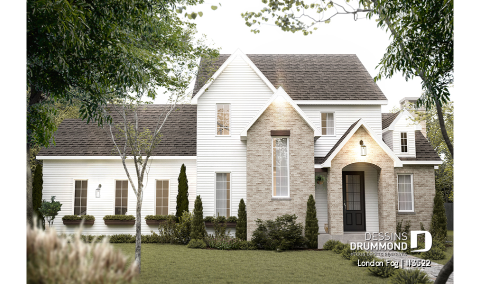 Vue avant - MODÈLE DE BASE - Maison à étage d'inspiration English Cottage, 4 chambres, espace aménageable au-dessus du garage - London Fog