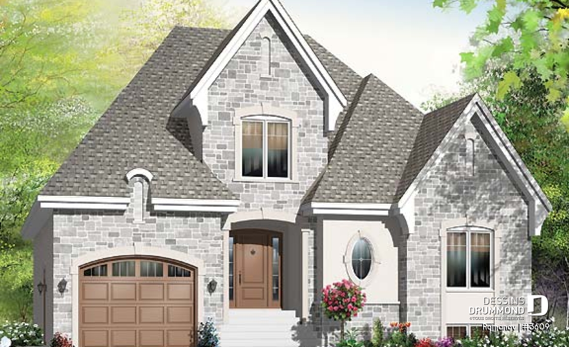 Vue avant - MODÈLE DE BASE - Plan de maison style européen, 3 chambres, garage, 2 salons, garde-manger, foyer 2 faces, aire ouverte - Romanov