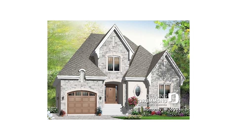 Vue avant - MODÈLE DE BASE - Plan de maison style européen, 3 chambres, garage, 2 salons, garde-manger, foyer 2 faces, aire ouverte - Romanov