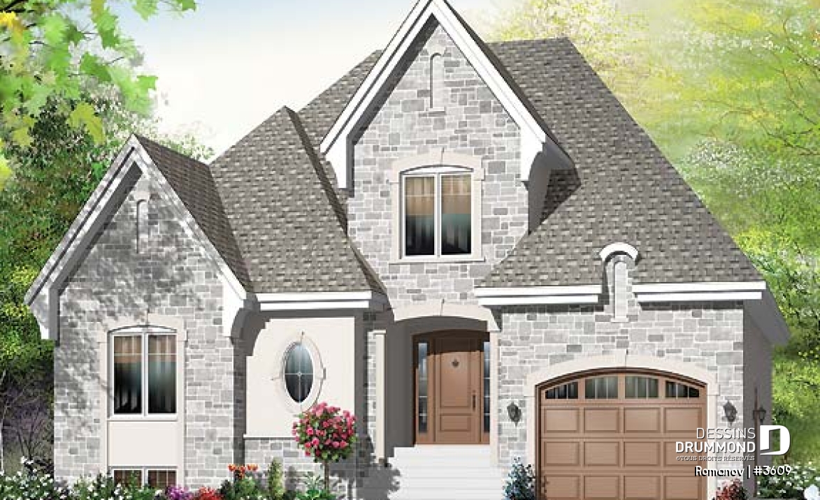 Vue avant - MODÈLE DE BASE - Plan de maison style européen, 3 chambres, garage, 2 salons, garde-manger, foyer 2 faces, aire ouverte - Romanov