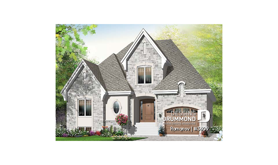 Vue avant - MODÈLE DE BASE - Plan de maison style européen, 3 chambres, garage, 2 salons, garde-manger, foyer 2 faces, aire ouverte - Romanov