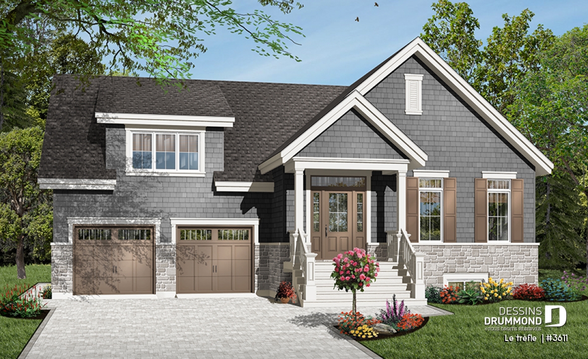 Vue avant - MODÈLE DE BASE - Plan de maison à étage, garage double, 3 chambres, plafond à 9 pieds, garage double, chambre parents au rdc - Le trèfle 