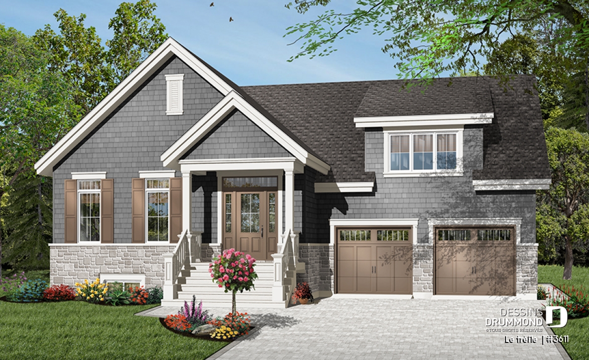 Vue avant - MODÈLE DE BASE - Plan de maison à étage, garage double, 3 chambres, plafond à 9 pieds, garage double, chambre parents au rdc - Le trèfle 