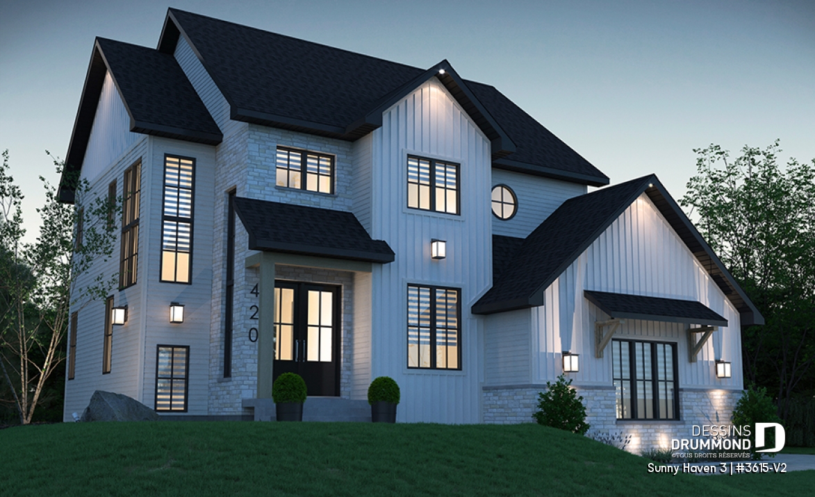 Vue avant - MODÈLE DE BASE - Maison farmhouse moderne avec garage latéral, superbe chambre principale, bureau, cuisine avec garde-manger - Sunny Haven 3