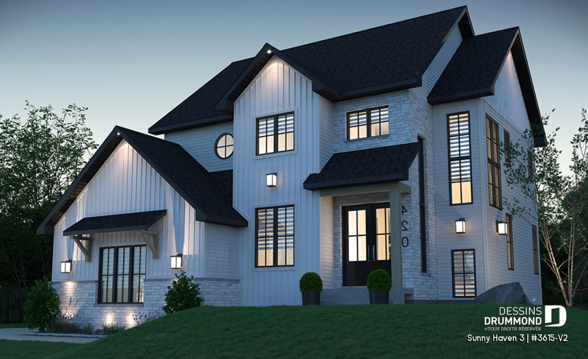 Vue avant - MODÈLE DE BASE - Maison farmhouse moderne avec garage latéral, superbe chambre principale, bureau, cuisine avec garde-manger - Sunny Haven 3