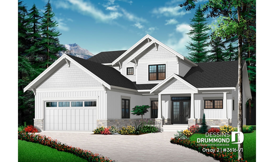 Version couleur no. 1 - Vue avant - Plan de maison 4 chambres garage double style Cape Cod, bureau à domicile, espace ouvert - Orsay 2
