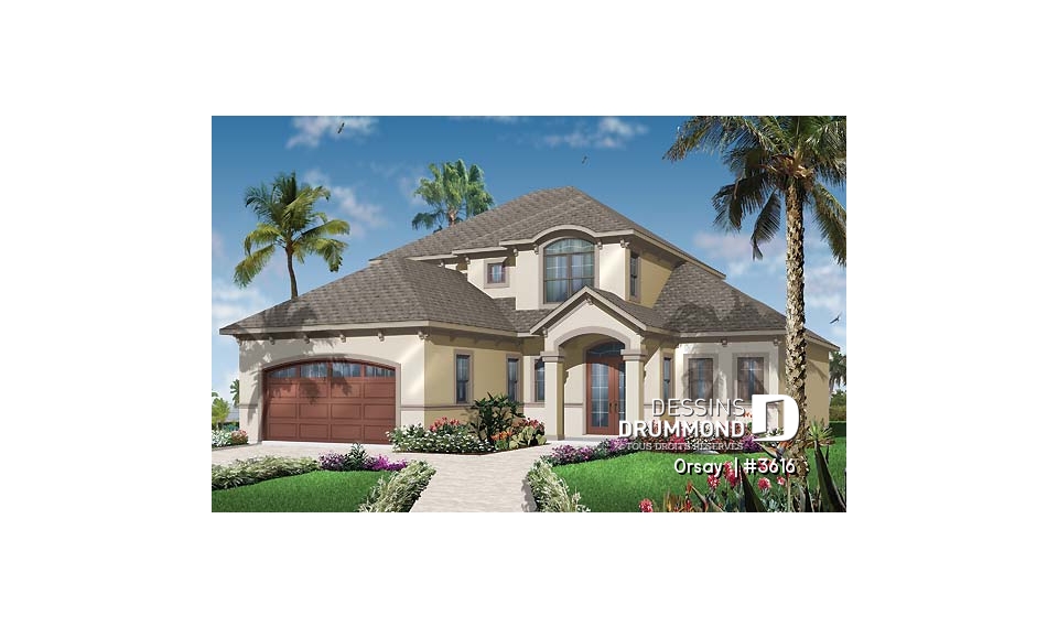 Vue avant - MODÈLE DE BASE - Plan de maison 4 chambres, 3.5 salles de bain, style méditerranéen, garage double, superbe cuisine - Orsay 
