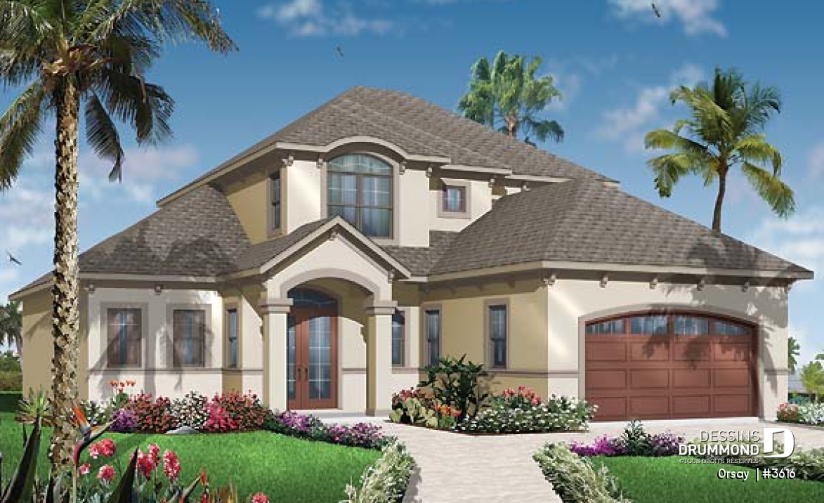 Vue avant - MODÈLE DE BASE - Plan de maison 4 chambres, 3.5 salles de bain, style méditerranéen, garage double, superbe cuisine - Orsay 