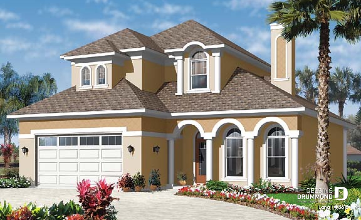 Vue avant - MODÈLE DE BASE - Maison style Floride, 4 à 5 chambres, garage double, îlot cuisine, grand séjour - Lana