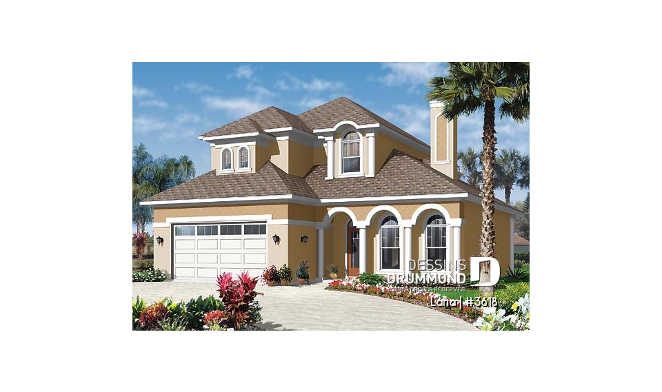 Vue avant - MODÈLE DE BASE - Maison style Floride, 4 à 5 chambres, garage double, îlot cuisine, grand séjour - Lana