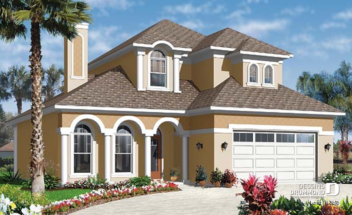 Vue avant - MODÈLE DE BASE - Maison style Floride, 4 à 5 chambres, garage double, îlot cuisine, grand séjour - Lana