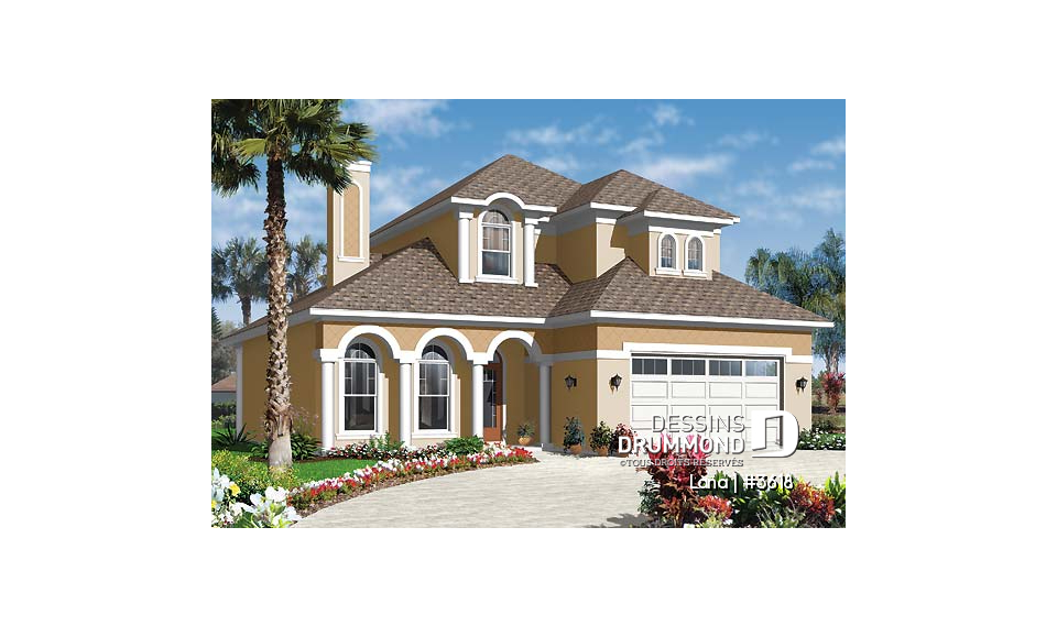 Vue avant - MODÈLE DE BASE - Maison style Floride, 4 à 5 chambres, garage double, îlot cuisine, grand séjour - Lana