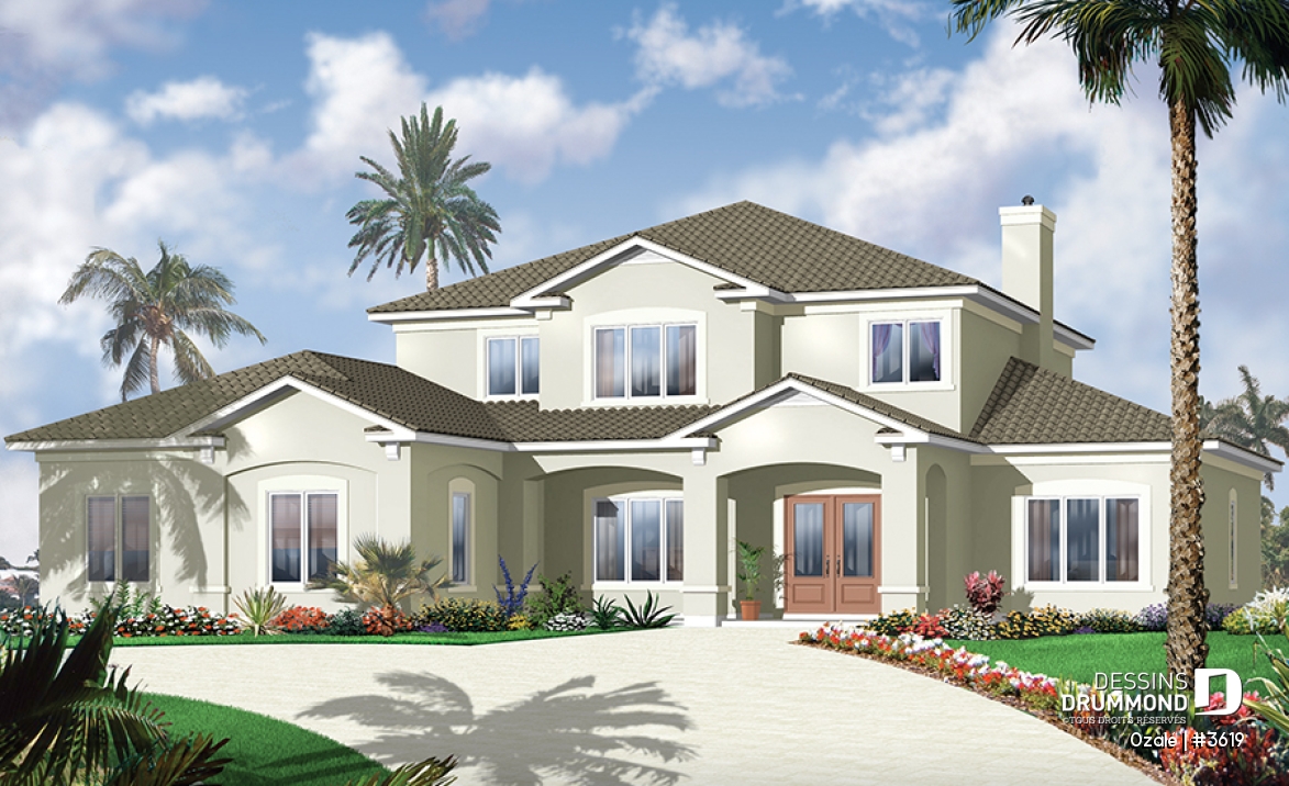 Vue avant - MODÈLE DE BASE - Plan de maison style Floride, 6 chambres, 5 salles de bain, 2 salons, foyer, grande cuisine, garage 3 voitures - Ozalé